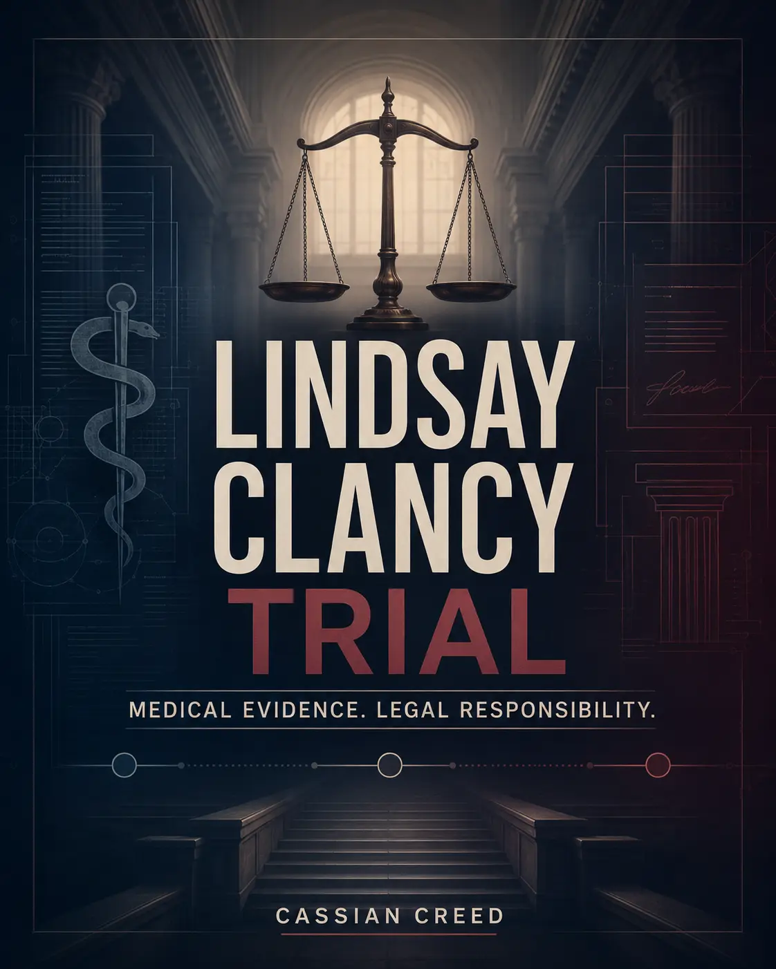 Investigative artwork balancing scales of justice with abstract clinical-record motifs for Lindsay Clancy trial coverage