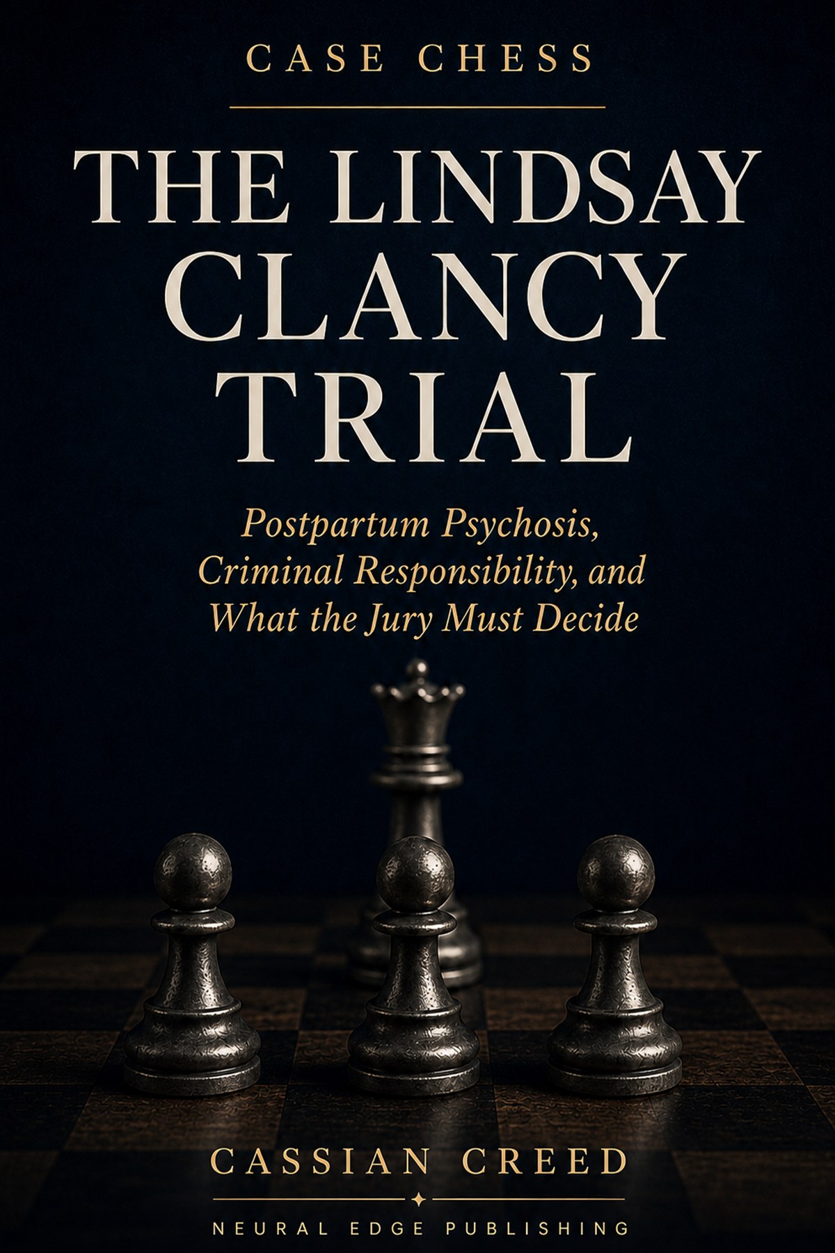 Book cover of The Lindsay Clancy Trial by Cassian Creed, showing chess pieces on a dark chessboard
